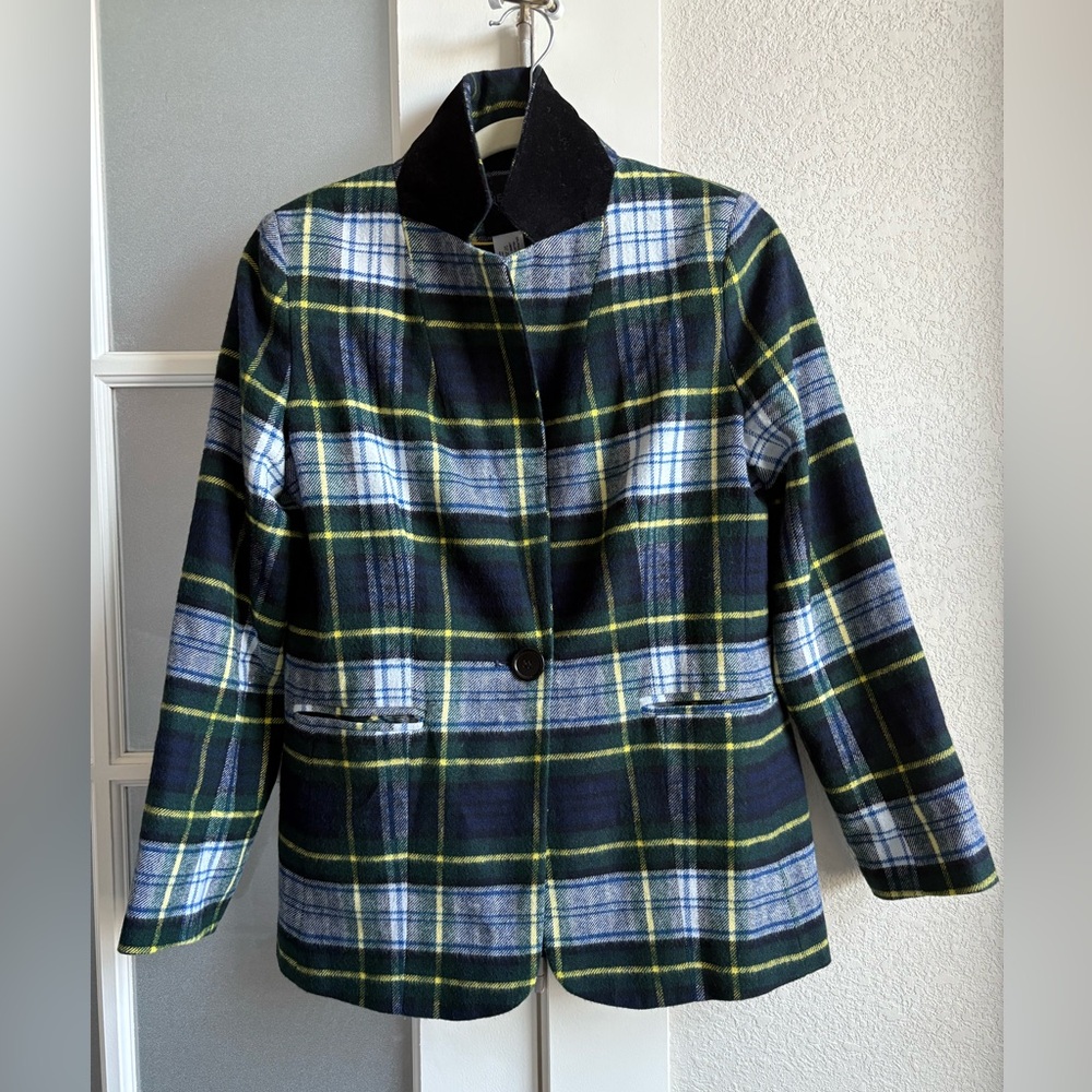 Helene Berman - Boxy Plaid One Button 2 Pocket Blazer - Sz. Small - Blue & Green - Picture 3 of 9